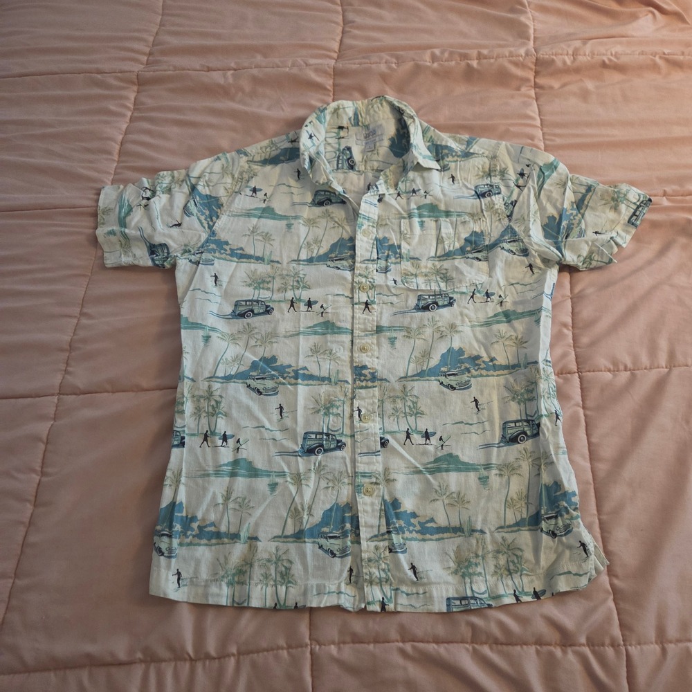 Croft & Barrow Mens Small Blue Tropical Woodie Car Linen Cotton Hawaiian Shirt